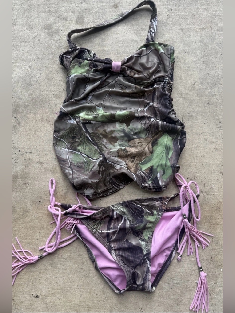 Realtree Camo Pink Tankini Bikini Swimsuit Set Women’s M/L Y2K Tassel Tie READ